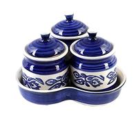 Homes Ceramic Jars with Lid and Holding Tray Multipurpose Barni for Chutney, Pickle Jar Storage Container, Dining Table Container Set (Pack of 3, Blue)