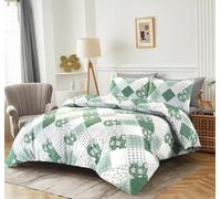 HOMES-LINEN Duvet Cover Set Polycotton Floral Patchwork - Soft & Breathable Bedding Set with Pillowcases - Reversible Floral & Checkered Design Eloise Easy Care Quilt Cover (Green, Single)