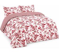 HOMES-LINEN Ellie Leaf Floral Duvet Cover Reversible Stripe Printed Duvet Bedding Set (Red, Single)