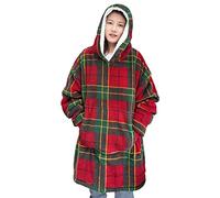 HOMES-LINEN Oversized Wearable Blanket Hoodie Teddy Fleece Fluffy Sherpa Printed Hooded Sweatshirt Blanket Pullover Giant Hooded (Check Red)