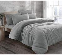 HOMES-LINEN Teddy Bear Fleece Thermal Warm Cosy Soft Fur Duvet Cover Set With Pillow Cases (Silver, Double)