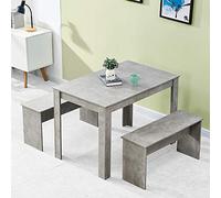 HomeSailing Grey Dining Table and 2 Benches Wooden for Kitchen 3 Piece Small Dinette Table and Chairs Set with 4 People Small Apartment