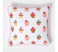 HOMESCAPES - 100% Cotton - Cup Cakes - Cushion Cover - 45 x 45 cm Square - 18 x 18 Inches - Blue Pink Red White - 100% Cotton Sofa Pillow Cushion Cover - Washable