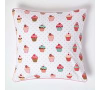 HOMESCAPES - 100% Cotton - Cup Cakes - Large Cushion Cover - 60 x 60 cm Square - 24 x 24 Inches - Blue Pink Red White - 100% Cotton Sofa Pillow Cushion Cover - Washable