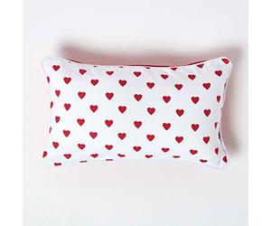 HOMESCAPES - 100% Cotton - Love Hearts - Cushion Cover - 30 x 50 cm Rectangular - 12 x 20 Inches - Red White - 100% Cotton Sofa Pillow Cushion Cover - Washable