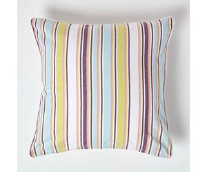 HOMESCAPES - 100% Cotton - Osaka Stripes Large Cushion Cover - 60 x 60 cm Square - 24 x 24 Inches - Green Blue White Purple - 100% Cotton Sofa Pillow Cushion Cover - Washable