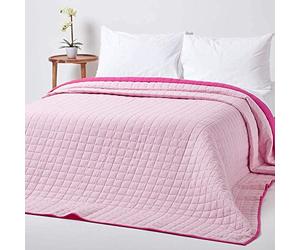 HOMESCAPES - 100% Cotton Reversible Twin Colour Quilted Bedspread Throw - Deep Cerise & Pink - Double 200 x 200 cm - Washable Bedding Sofa Throw