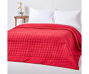 HOMESCAPES - 100% Cotton Reversible Twin Colour Quilted Bedspread Throw - Red & White - Single 150 x 200 cm - Washable Bedding Sofa Throw