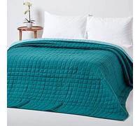 HOMESCAPES - 100% Cotton Reversible Twin Colour Quilted Bedspread Throw - Teal Green & Blue - King Size 230 x 250 cm - Washable Bedding Sofa Throw