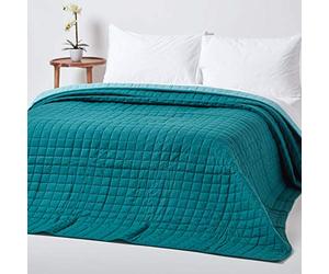 HOMESCAPES - 100% Cotton Reversible Twin Colour Quilted Bedspread Throw - Teal Green & Blue - Single 150 x 200 cm - Washable Bedding Sofa Throw