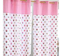 HOMESCAPES 100% Cotton Unlined Eyelet Curtain Pair - Cup Cakes - Red Pink Blue - 117cm (46") Wide x 137cm (54") Drop