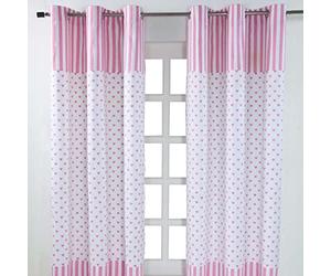 HOMESCAPES 100% Cotton Unlined Eyelet Curtain Pair - Love Hearts - Pink White - 117cm (46") Wide x 137cm (54") Drop