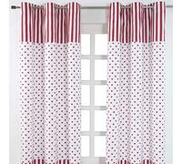 HOMESCAPES 100% Cotton Unlined Eyelet Curtain Pair - Love Hearts - Red White - 137cm (54") Wide x 228cm (90") Drop