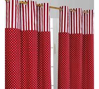 HOMESCAPES 100% Cotton Unlined Eyelet Curtain Pair - Polka Dots - Red - 117cm (46") Wide x 137cm (54") Drop