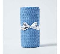 HOMESCAPES - 100% Organic Cotton Waffle Throw - Blue - 125 x 150 cm - Super Soft Combed Cotton