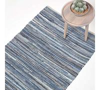 HOMESCAPES 100% Recycled Blue Denim Chindi Rug Handmade Eco Friendly Real Denim Striped Rug, 60 x 90 cm