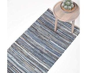 HOMESCAPES 100% Recycled Denim Blue Chindi Hall Runner Blue Stripes Handmade Eco Friendly Real Denim Rug, 66 x 200 cm
