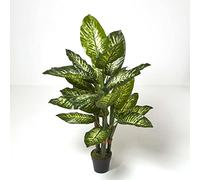 HOMESCAPES 150 cm Tall Artificial Dumb Cane Plant in Black Pot with Real Wood Effect Trunk Faux Dieffenbachia Tree with Real Touch Variegated Leaves for Indoor Decoration