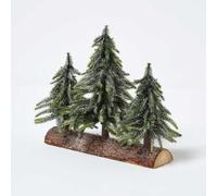 HOMESCAPES 27 x 27 cm Triple Miniature Christmas Trees - Frosted Faux Pine on Natural Log Base, Premium Festive Centrepiece for Contemporary Living, Artisanal Winter Accent