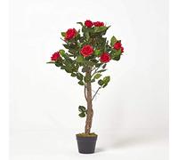 HOMESCAPES 3 ft Red Artificial Rose Tree Lifelike Red Petals and Leaves Indoor Artificial Plant and Tree for Weddings