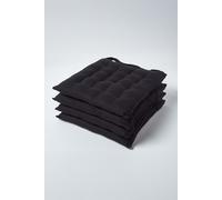 Homescapes Plain Seat Pads with Button Straps 100% Cotton 40x40 cm Set of 4 Black