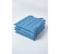 Homescapes Seat Pads for Dining Chair Air Force Blue 100% Cotton with Straps Set of 4 40 x 40 cm