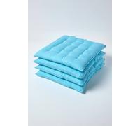 (Set of 4, Light blue) Plain Seat Pad with Button Straps 100% Cotton
