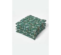 HOMESCAPES Green Seat Pads Set of 4 Christmas Holly Pattern Dining Chair Cushions with Straps 100% Cotton 40 x 40 cm