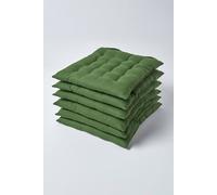 (Set of 6, Dark Olive) Plain Seat Pad with Button Straps 100% Cotton