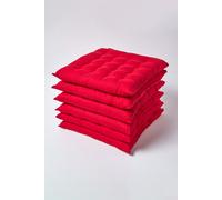 (Set of 6, Red) Plain Seat Pad with Button Straps 100% Cotton