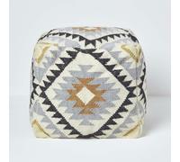 HOMESCAPES Agra Gold and Black Kilim Footstool Handwoven Beanbag Pouffe - 43 x 43 cm