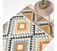 Homescapes Agra Handwoven Ochre Gold, Silver Grey And Black Diamond Pattern Kilim Wool Rug, 90 X 150 Cm