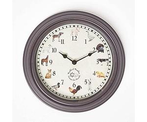 HOMESCAPES Animal Song Wall Clock with 12 Animal Sounds on the Hour Wooden Quartz Wall Clock for Kitchen or Dining Room