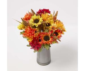 HOMESCAPES Artificial Autumnal Flower Bunch, Mixed Realistic Sunflower Foxtail with Colourful Flowers - Set of 2 Fake Yellow, Red and Orange Flowers For Bouquets, Floral Arrangements and Home Decor