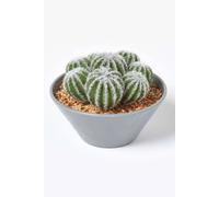 Homescapes Artificial Barrel Cactus Arrangement In Round Grey Pot, 17 Cm Tall In Green
