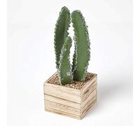 HOMESCAPES Artificial Cactus In Wooden Pot Lifelike 33cm Tall Fake Cactus In Square Decorative Planter Faux Succulent for Home or Office