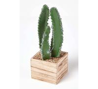 HOMESCAPES Artificial Cactus In Wooden Pot Lifelike 33cm Tall Fake Cactus In Square Decorative Planter Faux Succulent for Home or Office
