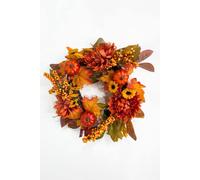 Homescapes Artificial Chrysanthemum & Pumpkin Wreath, Autumnal In Orange Orange