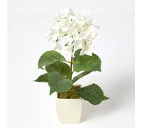 HOMESCAPES Cream Hydrangea Artificial Plant in Mat Cream Pot, 38cm tall Indoor Faux Flower