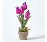 Homescapes Artificial Dark Purple Handcrafted Tulips In Grey Decorative Stone Pot, 27 Cm