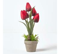 Homescapes Artificial Dark Red Handcrafted Tulips In Grey Decorative Stone Pot, 27 Cm