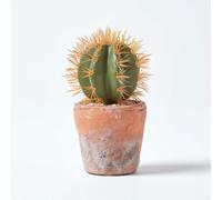 Homescapes Artificial Green Handcrafted Small Round Cactus In Terracotta Pot, 15 Cm