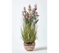 HOMESCAPES Pink Artificial Lavender Plant with Long Realistic Green Leaves Potted In a Brown & White Ceramic Bowl, 66cm Tall for Indoor Decoration