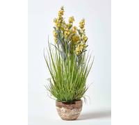 HOMESCAPES Yellow Artificial Lavender Plant with Long Realistic Green Leaves Potted In a Brown & White Ceramic Bowl, 66cm Tall for Indoor Decoration
