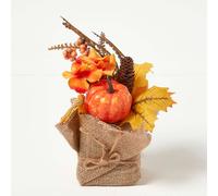 HOMESCAPES Autumn Decoration in Burlap Sack Orange and Yellow Indoor Decoration with Maple Leaf, Pumpkins and Berries, 25 cm Tall