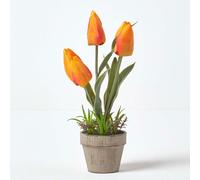 Homescapes Artificial Orange & Red Handcrafted Tulips In Grey Decorative Stone Pot, 27 Cm