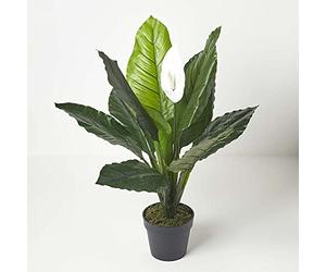 HOMESCAPES Artificial Peace Lily Plant 90 cm Tall Fake Spathiphyllum Flower in Black Pot