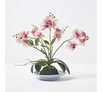 Homescapes Pink 38cm Lifelike Artificial Orchid in Grey Ceramic Bowl - Pink