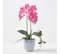 HOMESCAPES Artificial Pink Orchid in Pot 54 cm Tall Lifelike Faux Orchid Plant In Grey Ceramic Pot Real Touch Silk Flowers and Green Leaves Phalaenopsis Orchid Flower for Indoor Decoration
