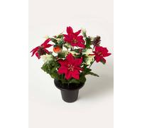 HOMESCAPES Artificial Red Poinsettia Flowers and Faux Holly Grave Pot with Small Red Robin, Memorial Grave Vase for Christmas Decoration, 30 cm Tall